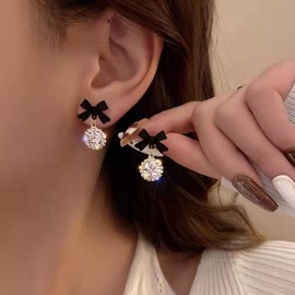 Zeshimb Boho Black Bow Stud Earrings Cubic Zirconia Crystal Snowflake Dangle Earrings Gold Rhinestone Snowflake Drop Earrings Vintage Bowknot Crystal Statement Earrings Jewelry for Women