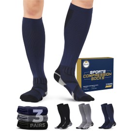 Pembrook Wide Calf Compression Socks - 3 Pairs - Athletic Men Compression Socks for Travel | Black, Gray, Navy