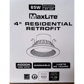 Maxlite 107285 RR-409U-40W RESIDENTIAL RETROFIT 4" 9W 120-277V 4000K WHITE FINISH