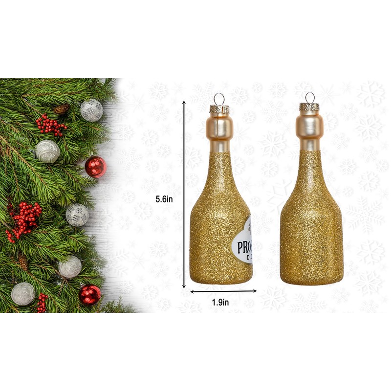 Blown Glass Prosecco Wine Bottle Ornament and Wine Glass Ornament