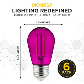 Diodesy LED S14 String Light Bulb, 2 Watts (25W Equivalent), Medium E26 Base, Party Decoration, Holiday Lighting, Transparent, Dimmable, UL Listed, Purple, 6 Count