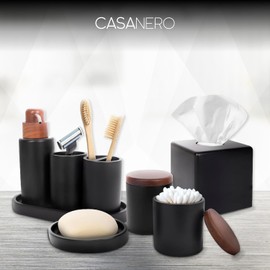 9-Piece Bathroom Accessories Set with Elegant Wood Lids – Bathroom Soap Dispenser Tumbler Toothbrush Holder 2 Storage Jars Tumbler Tissue Box Cover Tray Soap Dish (Black)