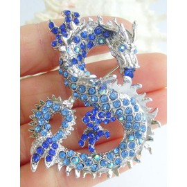 Sindary Art BZ2980 - Broche de dragón con Colgante de Vidrio Austriaco de 6 cm Azul