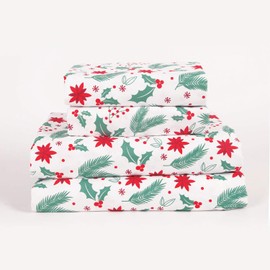 Aubrie Home Accents 4-Piece Christmas Greens Holiday Mistletoe Poinsettia Deep Pocket Microfiber Bed Sheet Set, Full, Green Red White