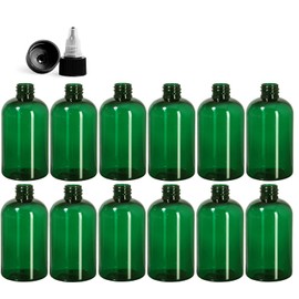 Premium Essential Oil 4 Ounce Boston Round Bottles, PET Plastic Empty Refillable BPA-Free, with Black/Natural Twist Top Caps (Pack of 12) (Green)