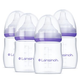 Lansinoh Anti-Colic Baby Bottles for Breastfeeding Babies, 5 Ounces, 4 Count, Includes 4 Extra Slow Flow Nipples, Size XS