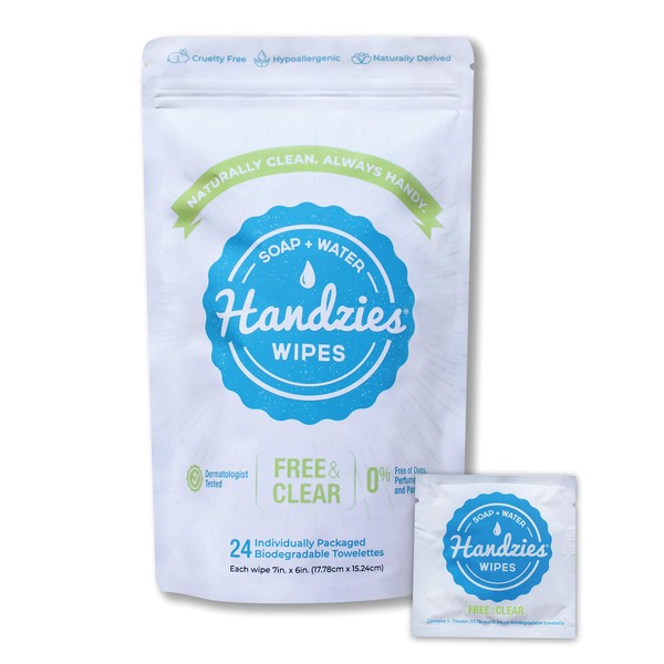Handzies Natural Soap and Water Hand Wipes, Hypoallergenic, Free and