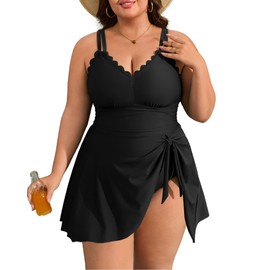 Charmo Women Plus Size Swim Dress Swimsuit Scallop Trim One Piece Tummy Control Bathing Suits Modest Tie Knot Swim Suits Black 1X