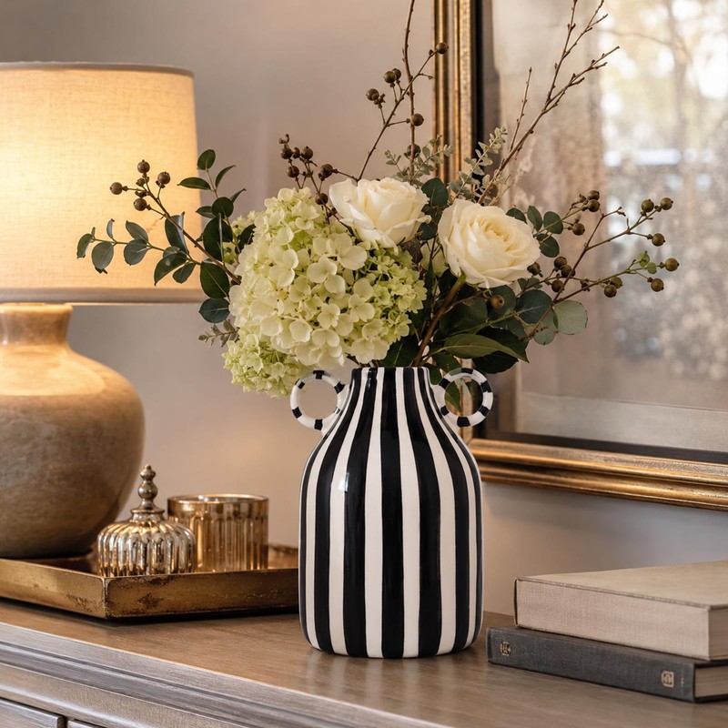 oliruim Black and White Striped Ceramic Vase with Double Ring