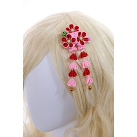 C-114-1 Pink Red Handmade Sakura Cherry Blossom Fabric Flowers Tassels Hair Clip Hair Clip Hair Clip Japanese Geisha Kimono Accessory