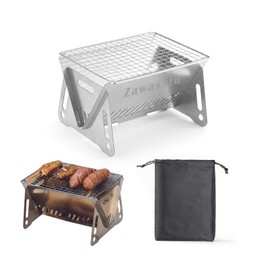 Portable Backpacking Stove with Grill Grid, Folding Stainless Steel Charcoal Grill, Ultralight BBQ Wood Burning Camp Stove for Hiking Picnic Garden Backyard Cooking