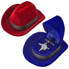SUNNYCLUE 4Pcs 2 Colors Hat Ring Box Velvet Ring Boxes Vintage Retro Western Cowboy Cowgirl Dark Red Blue Creative Ring Jewellery Display Holder for Wedding Ceremony Engagement Ring Necklace Storage