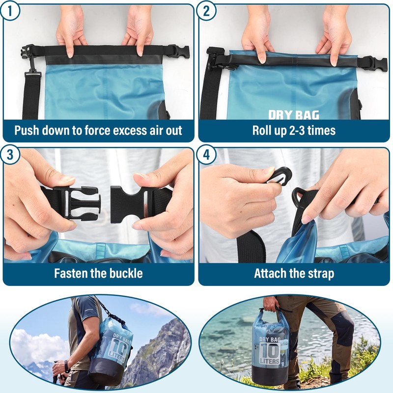 Pimoys Dry Bag Waterproof for Men Women, 10L Lightweight Roll