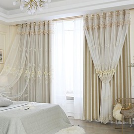 Amidoudou 1 Pair Luxury European Curtains with Valance for Living Room Bedroom Double Layer Embroidered Room Darkening Curtains (Beige,51x90 Inch)