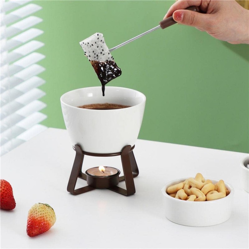 Sizikato White Porcelain Chocolate Fondue Set, with 2 Fruit Fork