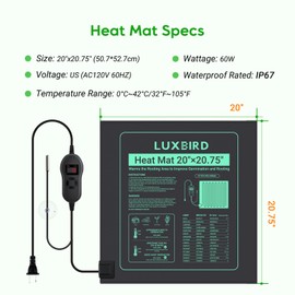 LUXBIRD Seedling Heat Mat with Thermostat, 20" x20.75" Larger Size for More Plants, Ideal for Indoor Planting, Germination, Home Brewing, Terrarium and Aquarium Heating