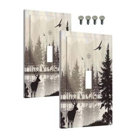 Light Switch Covers 1 Toggle Misty Forest Deer Mountain Tree Black Woodland Lake Nature Single Toggle Wall Plate Decorative Switchcover Electrical Switchplate For Country Bedroom Decor(2 Pack)