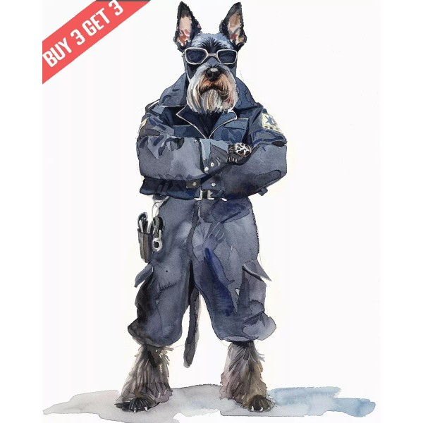 Giant Schnauzer in a Police Outfit Dog Watercolor Painting Print