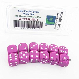 Light Purple Dice White Pips D6 12mm (1/2in) Pack of 12 Wondertrail WCX25827E12