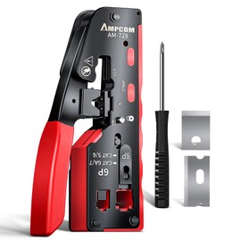 AMPCOM Pass Through RJ45 Crimp Tool, All-in-one Ethernet Crimper, Crimping for STP UTP RJ45/ RJ11 Cat8 Cat7 Cat6A Cat6 Cat5e Cat5 Connectors, AM-728RD