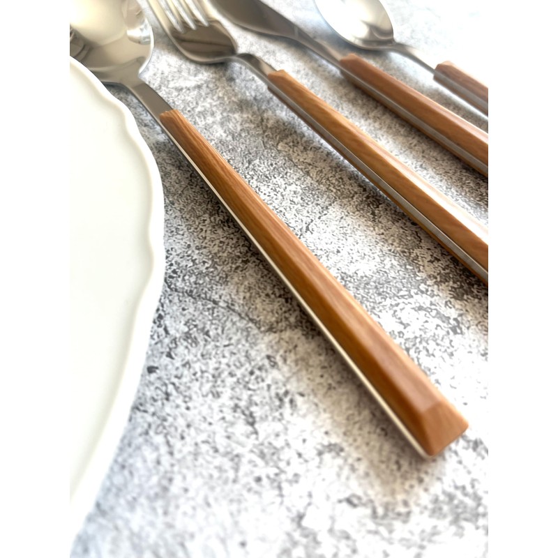 16Pc Cutlery Set Wood Grain Effect Tableware Stainless Steel ABS