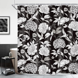 Riyidecor Black White Floral Shower Curtain for Bathroom Decor 60Wx72H Peony Flowers Wildflower Modern Blossom Leaves Butterfly Birds Art Printed Fabric Polyester Waterproof 12 Pack Plastic Hooks