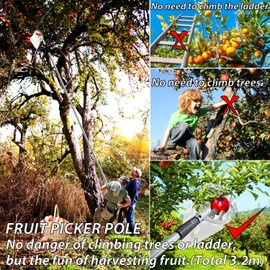 Fruit Picker with Telescopic Handle, Jusduit 3.2 m Apple Picker Fruit Picker with Fabric Bag, Fruit Grabber Easy to Assemble, Cherry Picker, Fruit Collector for Harvest Harvesting Apple Orange Peach Pear Cherries