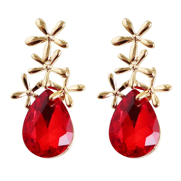 Navachi 18k Gold Plated Crystal Leaves Flower Pear-shaped Red Zirconia