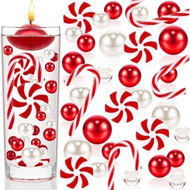 Cqueni Christmas Vase Filler 10091 PCS Red White Floating Pearls Vase Filler Clear Water Beads Candy Cane Christmas Vase Filler for Holiday Party Decor