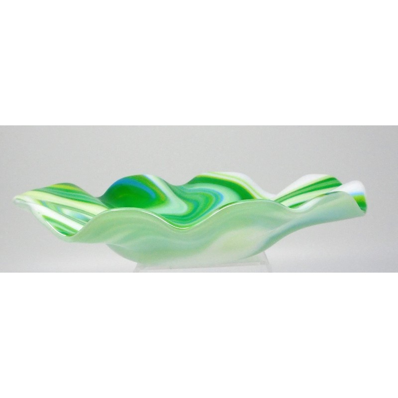 Swirled Green White and Blue Ruffled Bowl 11.5 inch Handcrafted