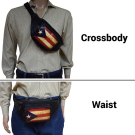 Fanny Pack Genuine Leather Adjustable Waist Crossbody Bag for Outdoor Travel with Country Flags USA, UK, CANADA, MEXICO, & PUERTO RICO (PUERTO RICO)