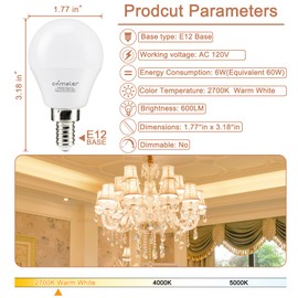 comzler A15 LED Bulbs 60W Equivalent, Warm White 2700K,E12 Small Base LED Round Light Bulb for Ceiling Fan, No Dimmable，Pack of 6