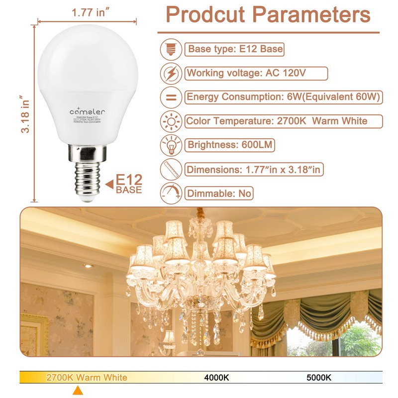 comzler A15 LED Bulbs 60W Equivalent, Warm White 2700K,E12 Small