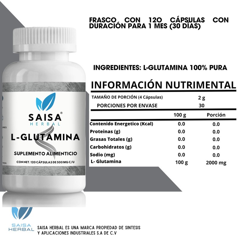 L-Glutamina 100% Puro 120 cápsulas con 500 mg c/u. Calidad