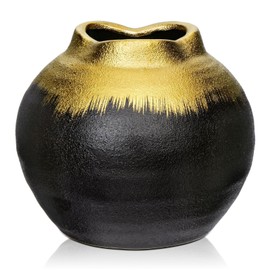 GnFlus Black Ceramic Flower Vase,Boho Vase with Unique Textures,Soft Form of Gold vase Mouth Pottery Decorative Flower Vase for Home Decor,Living Room Decoration,Table Shelf Decor