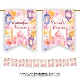 Ramadan Mubarak Bunting Decorations (Pink Watercolour Mosque Design) - Ramadan Kareem Banner, Bunting Flags Hanging Decor for Home Domes Lanterns Moon
