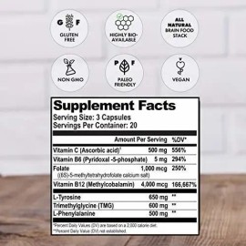 Natural Stacks Dopamine Brain Food 60 Cápsulas  Cognitive Supplement L-Tyrosine B Vitamins                                                            