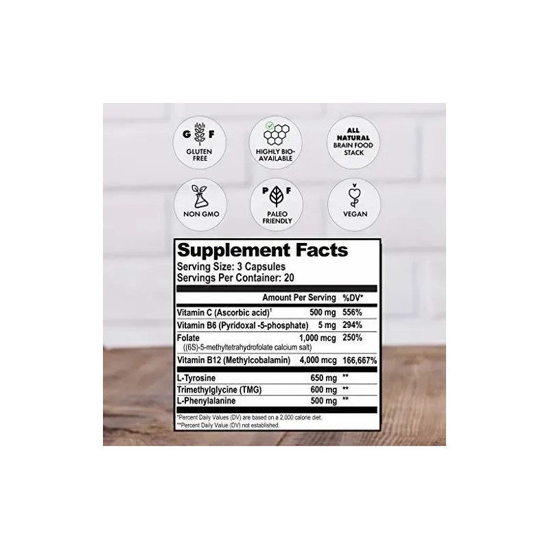 Natural Stacks Dopamine Brain Food 60 Cápsulas Cognitive Supplement L-Tyrosine