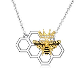YAFEINI Bee Necklace Sterling Silver Queen Bee Pendant Necklaces with Honeycomb Honey Bee Jewellery Gifts for Women Girls