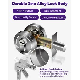 Single Cylinder Deadbolt Round Security Lock with Key Zinc Alloy Invisible Modern Door Locks for 35-50mm Front Entrance Bedroom Bathroom Interior and Exterior Door Lock