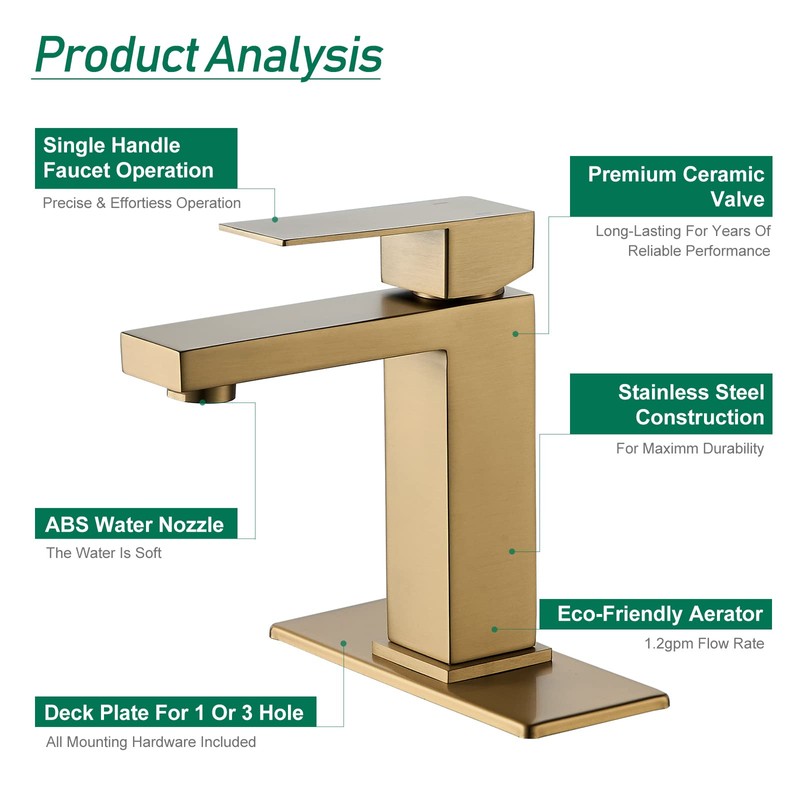 VOTON Brushed Gold Bathroom Faucet, Modern Bathroom Faucet 1 Hole,