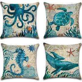 Ocean Beach Decorative Pillow Covers, Summer Linen Nautical Decorative Throw Pillowcases Set of 4 Sea Theme Coastal Cushion Cover 18 x 18 inch