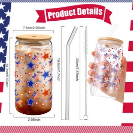 Yetene 6 Pcs Patriotic Drinking Cup Glasses with Bamboo Lids and Straw 4th of July 16 oz Glass Tumbler Can Independence Day Coffee Cups for Celebration Party Supplies USA Gifts Travel Office (Star)