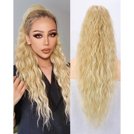 Rosooi 26 Inch Long Black Drawstring Ponytail Extension for Women Synthetic Long Curly Wavy Clip in Ponytail Hair Extensions for Daily Party Use (26 Inch, T24/613J#)