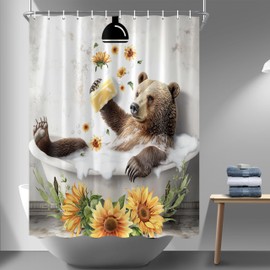Hajmsug - Cortina de ducha de oso divertido con diseño de oso café, diseño de flores de girasol, tina, tela de poliéster con ganchos de plástico, 71 x 71 pulgadas.