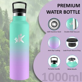 Grsta Thermos Flask, Water Bottle, 1 Litre, BPA-Free, Water Bottle with Straw, 24 Hours Cold & 12 Hours Warm, Leak-Proof, Adult Water Bottle for Camping, Hiking, Fitness