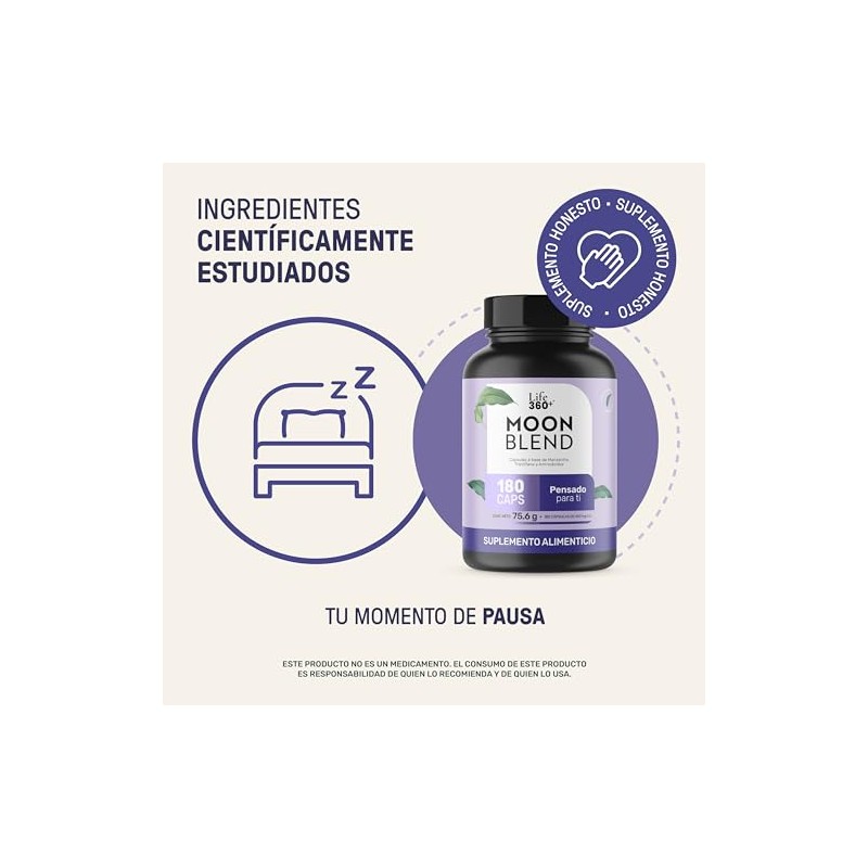 LIFE 360+ Moon Blend Magnesio, Triptófano, Teanina y Manzanilla|180cápsulas