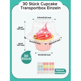 CoKeeSun Pack of 30 Cupcake Transport Boxes, Transparent Cupcake Box, Reusable Muffin Transport Box with Stickers, Clear Cupcake Box for Muffins, Salad, Cheese, Cakes
