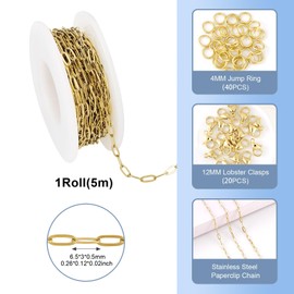 Pandahall 16.4 Ft 18K Gold Plated Paperclip Chains Stainless Steel Chains 6.5x3x0.5mm Gold Jewelry Chains Kits with Lobster Clasps Jump Rings for DIY Bracelet Necklace Jewelry Making