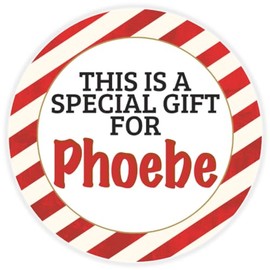 This is a Gift for Phoebe - 25 Pack Circle Stickers 3 Inch - Candy Cane Merry Christmas Gift Tag Present Tree Holiday Custom Name Santa Claus